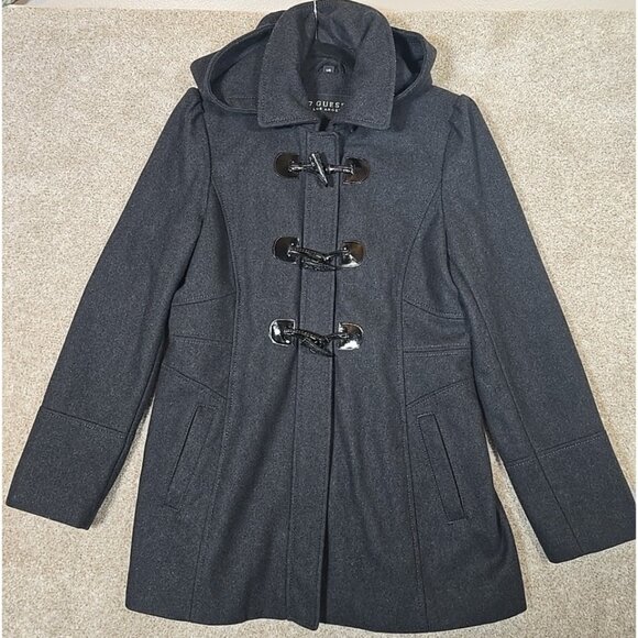 GUESS Wool Blend Winter Coat Gray Lined Toggle Buttons Removable Hood Women's L - Picture 1 of 16